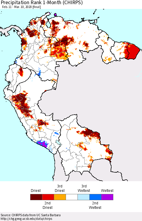 Northern South America Precipitation Rank 1-Month (CHIRPS) Thematic Map For 2/11/2020 - 3/10/2020