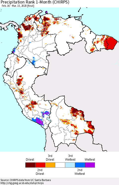 Northern South America Precipitation Rank since 1981, 1-Month (CHIRPS) Thematic Map For 2/16/2020 - 3/15/2020