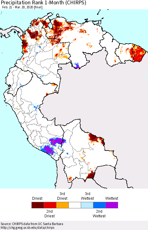 Northern South America Precipitation Rank since 1981, 1-Month (CHIRPS) Thematic Map For 2/21/2020 - 3/20/2020