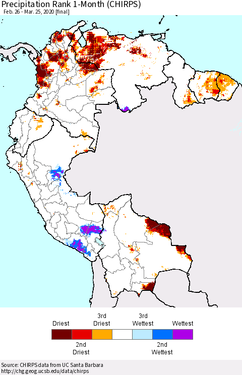 Northern South America Precipitation Rank 1-Month (CHIRPS) Thematic Map For 2/26/2020 - 3/25/2020