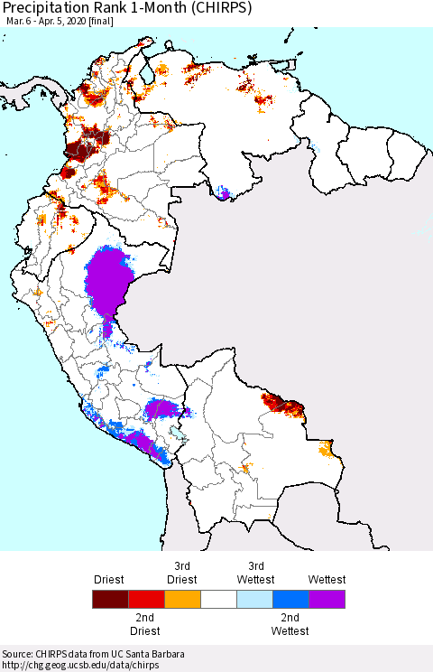 Northern South America Precipitation Rank 1-Month (CHIRPS) Thematic Map For 3/6/2020 - 4/5/2020