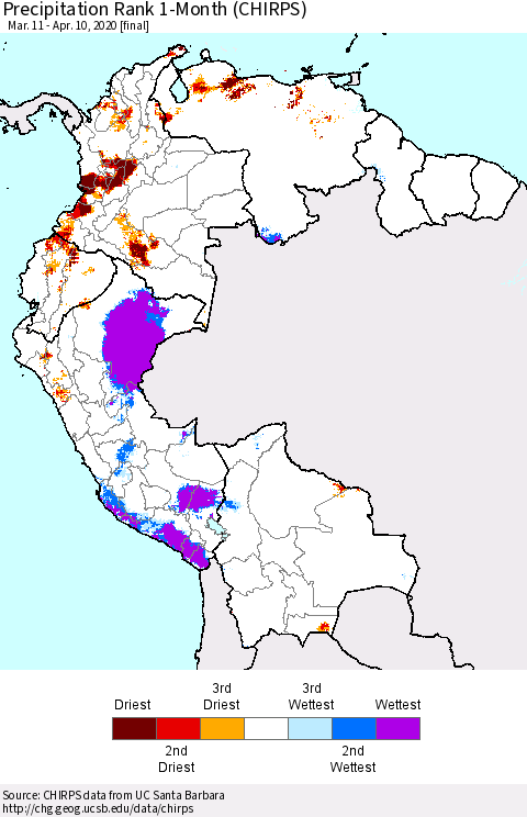 Northern South America Precipitation Rank 1-Month (CHIRPS) Thematic Map For 3/11/2020 - 4/10/2020