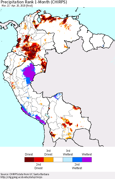 Northern South America Precipitation Rank since 1981, 1-Month (CHIRPS) Thematic Map For 3/21/2020 - 4/20/2020