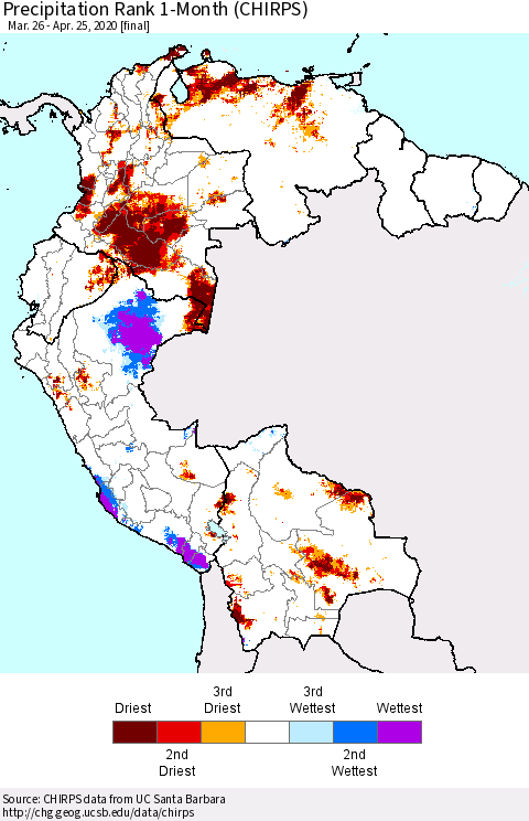 Northern South America Precipitation Rank 1-Month (CHIRPS) Thematic Map For 3/26/2020 - 4/25/2020