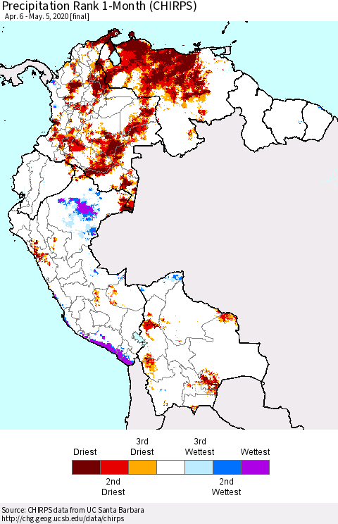 Northern South America Precipitation Rank 1-Month (CHIRPS) Thematic Map For 4/6/2020 - 5/5/2020