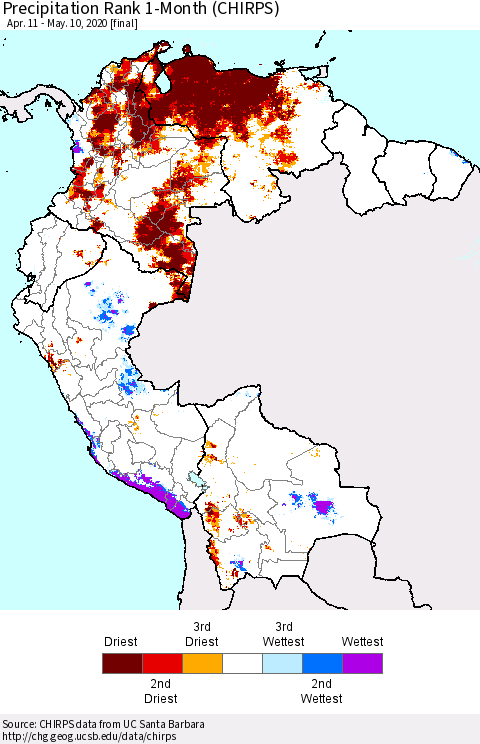 Northern South America Precipitation Rank 1-Month (CHIRPS) Thematic Map For 4/11/2020 - 5/10/2020