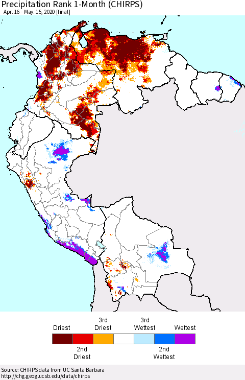 Northern South America Precipitation Rank 1-Month (CHIRPS) Thematic Map For 4/16/2020 - 5/15/2020
