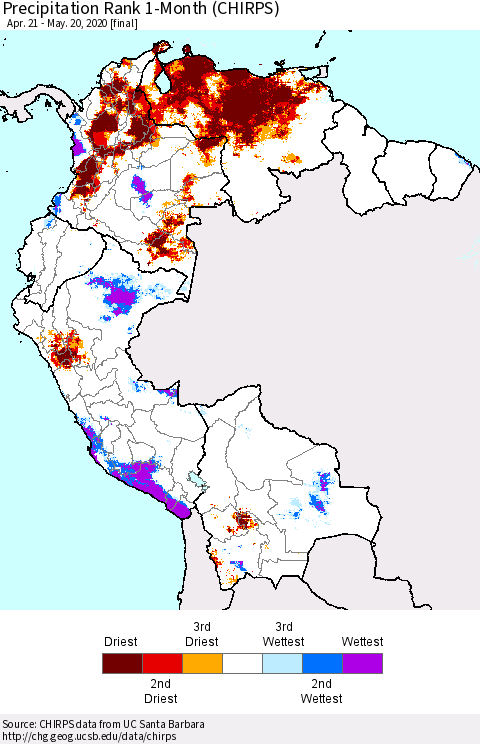Northern South America Precipitation Rank 1-Month (CHIRPS) Thematic Map For 4/21/2020 - 5/20/2020