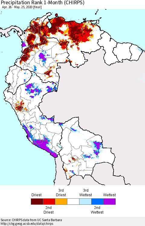 Northern South America Precipitation Rank 1-Month (CHIRPS) Thematic Map For 4/26/2020 - 5/25/2020