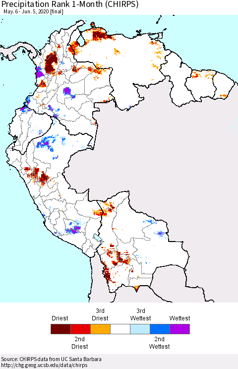 Northern South America Precipitation Rank 1-Month (CHIRPS) Thematic Map For 5/6/2020 - 6/5/2020