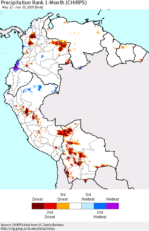 Northern South America Precipitation Rank since 1981, 1-Month (CHIRPS) Thematic Map For 5/11/2020 - 6/10/2020