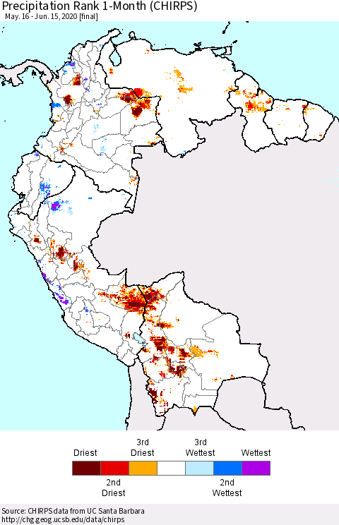 Northern South America Precipitation Rank 1-Month (CHIRPS) Thematic Map For 5/16/2020 - 6/15/2020
