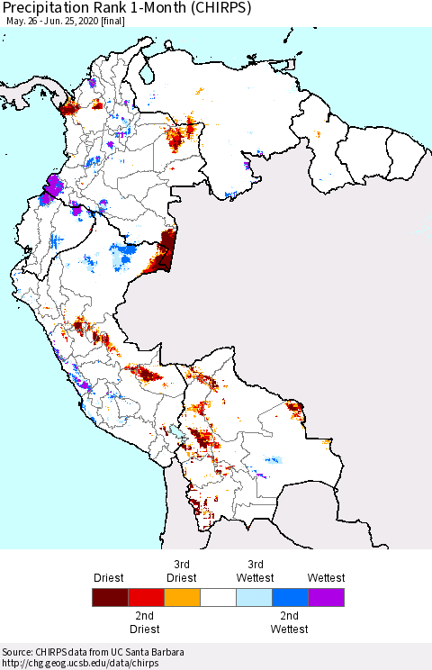 Northern South America Precipitation Rank 1-Month (CHIRPS) Thematic Map For 5/26/2020 - 6/25/2020