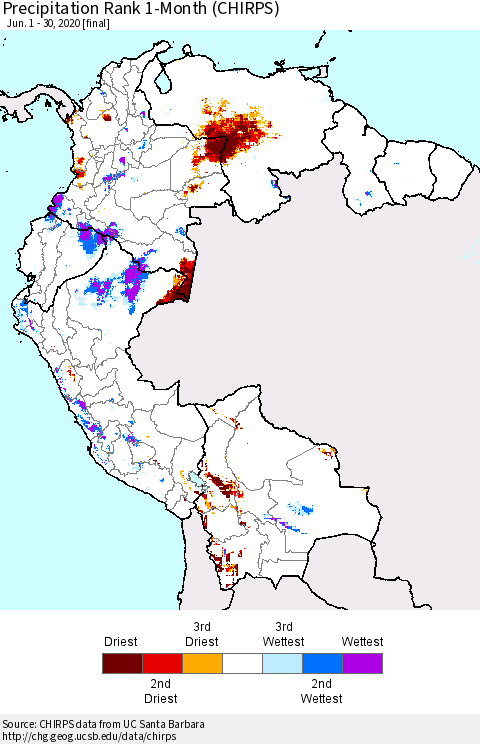 Northern South America Precipitation Rank 1-Month (CHIRPS) Thematic Map For 6/1/2020 - 6/30/2020