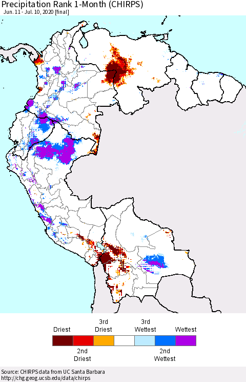 Northern South America Precipitation Rank since 1981, 1-Month (CHIRPS) Thematic Map For 6/11/2020 - 7/10/2020