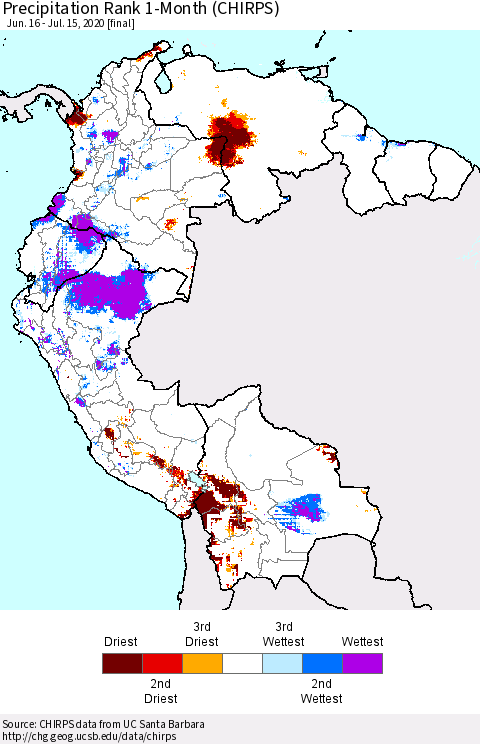 Northern South America Precipitation Rank 1-Month (CHIRPS) Thematic Map For 6/16/2020 - 7/15/2020