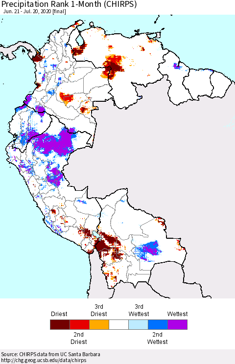 Northern South America Precipitation Rank 1-Month (CHIRPS) Thematic Map For 6/21/2020 - 7/20/2020