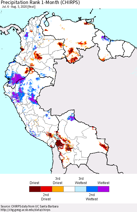 Northern South America Precipitation Rank 1-Month (CHIRPS) Thematic Map For 7/6/2020 - 8/5/2020