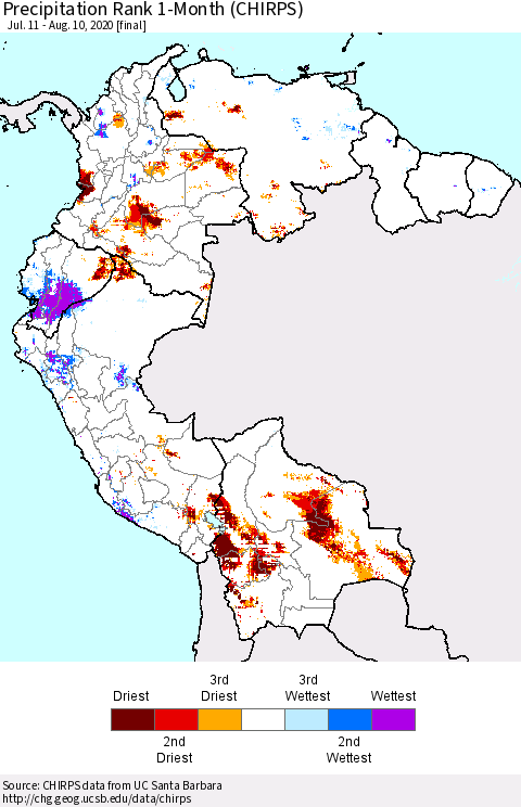Northern South America Precipitation Rank 1-Month (CHIRPS) Thematic Map For 7/11/2020 - 8/10/2020