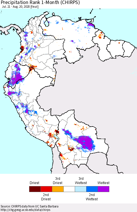 Northern South America Precipitation Rank 1-Month (CHIRPS) Thematic Map For 7/21/2020 - 8/20/2020