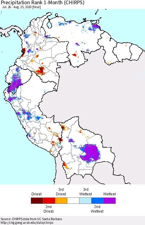Northern South America Precipitation Rank since 1981, 1-Month (CHIRPS) Thematic Map For 7/26/2020 - 8/25/2020