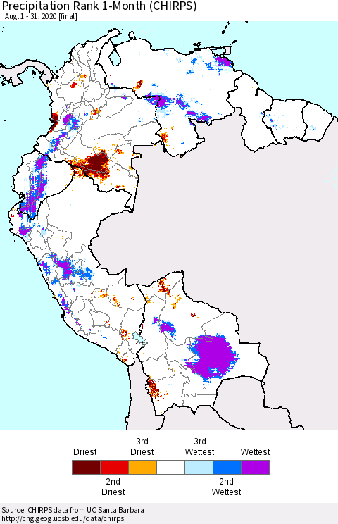 Northern South America Precipitation Rank 1-Month (CHIRPS) Thematic Map For 8/1/2020 - 8/31/2020