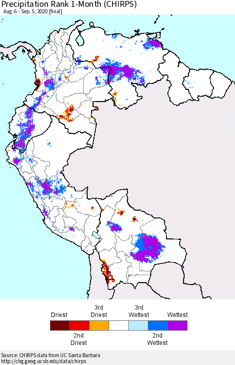 Northern South America Precipitation Rank 1-Month (CHIRPS) Thematic Map For 8/6/2020 - 9/5/2020