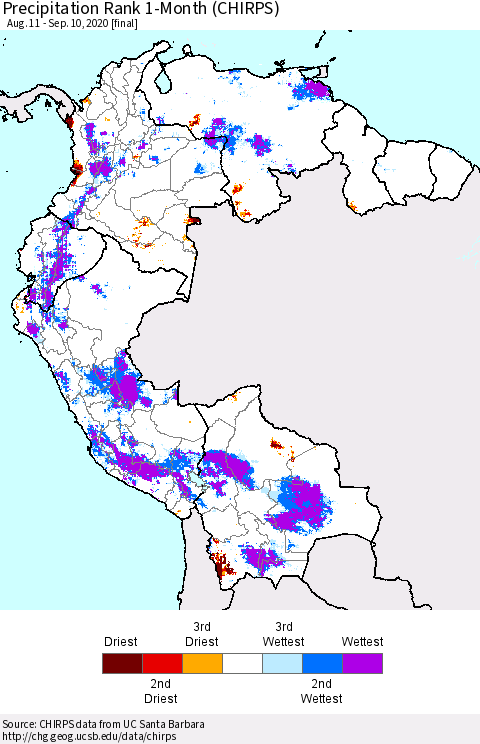Northern South America Precipitation Rank since 1981, 1-Month (CHIRPS) Thematic Map For 8/11/2020 - 9/10/2020