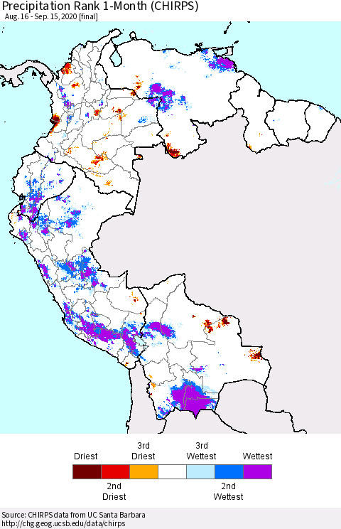 Northern South America Precipitation Rank since 1981, 1-Month (CHIRPS) Thematic Map For 8/16/2020 - 9/15/2020