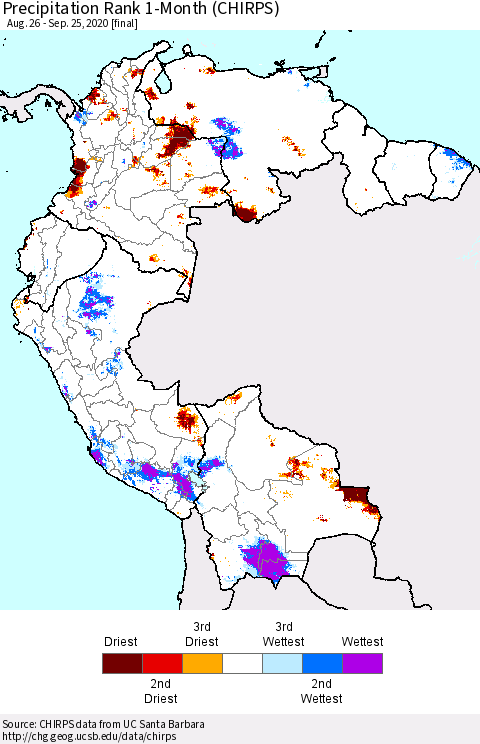Northern South America Precipitation Rank 1-Month (CHIRPS) Thematic Map For 8/26/2020 - 9/25/2020