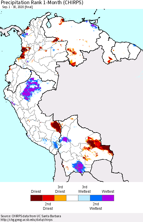 Northern South America Precipitation Rank 1-Month (CHIRPS) Thematic Map For 9/1/2020 - 9/30/2020