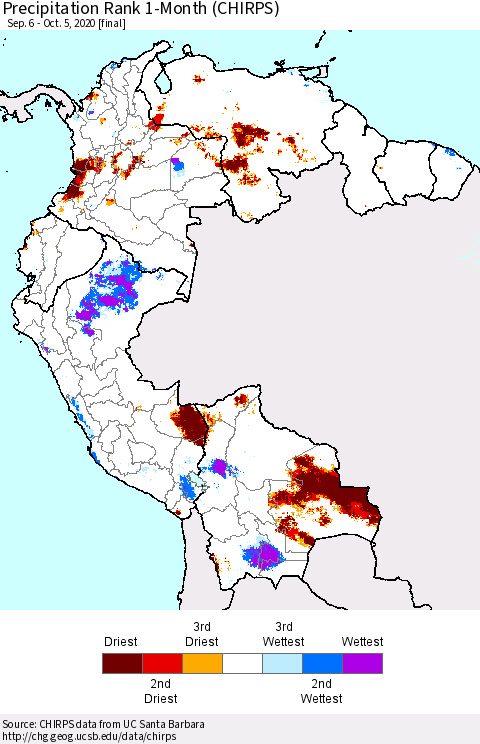 Northern South America Precipitation Rank 1-Month (CHIRPS) Thematic Map For 9/6/2020 - 10/5/2020