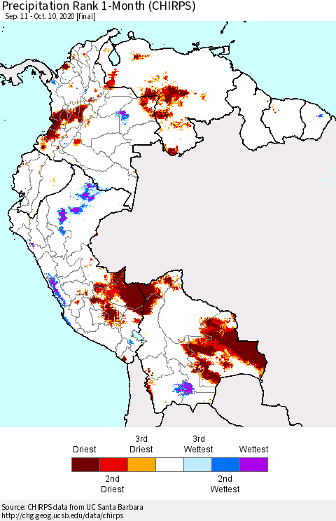 Northern South America Precipitation Rank 1-Month (CHIRPS) Thematic Map For 9/11/2020 - 10/10/2020