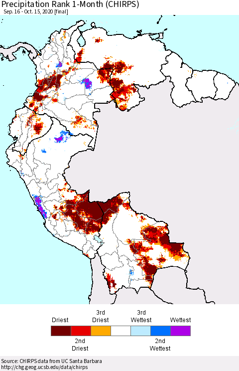 Northern South America Precipitation Rank 1-Month (CHIRPS) Thematic Map For 9/16/2020 - 10/15/2020