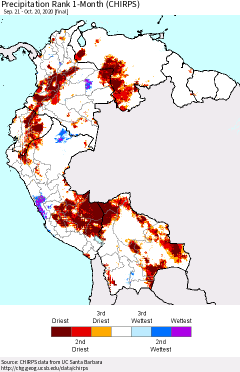 Northern South America Precipitation Rank 1-Month (CHIRPS) Thematic Map For 9/21/2020 - 10/20/2020