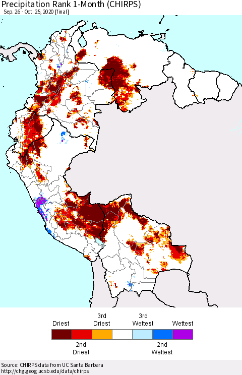 Northern South America Precipitation Rank 1-Month (CHIRPS) Thematic Map For 9/26/2020 - 10/25/2020