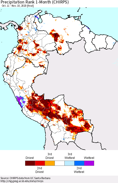 Northern South America Precipitation Rank 1-Month (CHIRPS) Thematic Map For 10/11/2020 - 11/10/2020