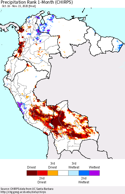 Northern South America Precipitation Rank 1-Month (CHIRPS) Thematic Map For 10/16/2020 - 11/15/2020