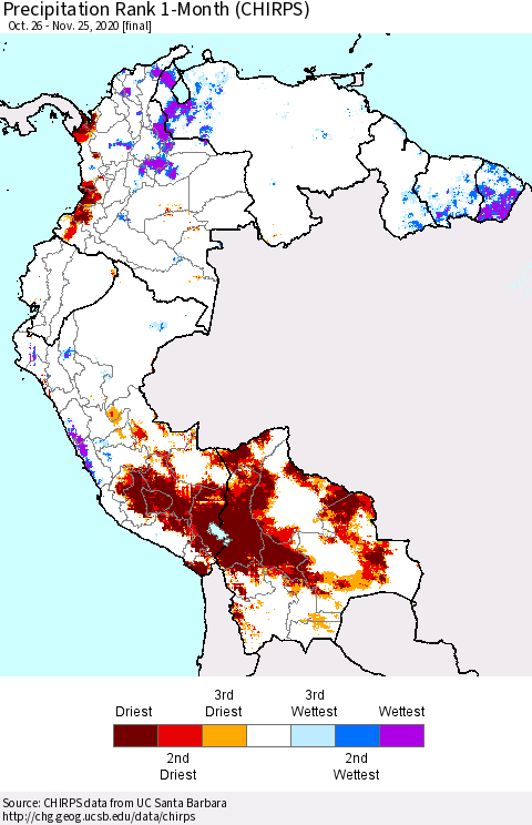 Northern South America Precipitation Rank 1-Month (CHIRPS) Thematic Map For 10/26/2020 - 11/25/2020