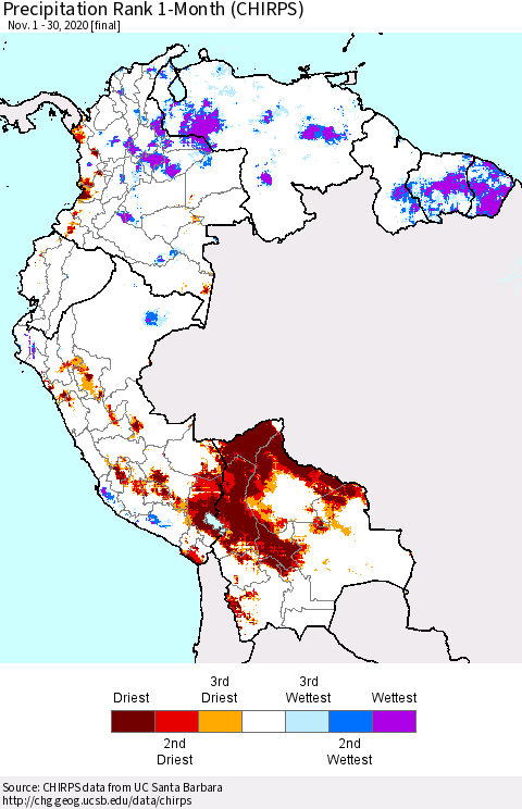 Northern South America Precipitation Rank 1-Month (CHIRPS) Thematic Map For 11/1/2020 - 11/30/2020