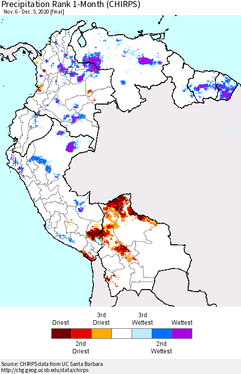 Northern South America Precipitation Rank 1-Month (CHIRPS) Thematic Map For 11/6/2020 - 12/5/2020
