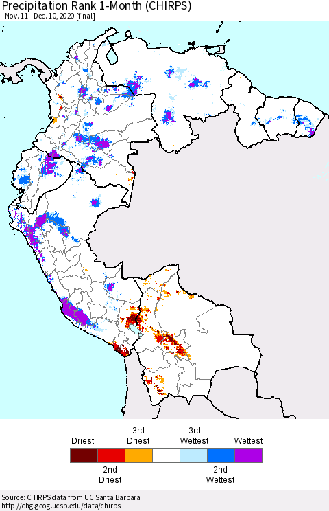 Northern South America Precipitation Rank since 1981, 1-Month (CHIRPS) Thematic Map For 11/11/2020 - 12/10/2020