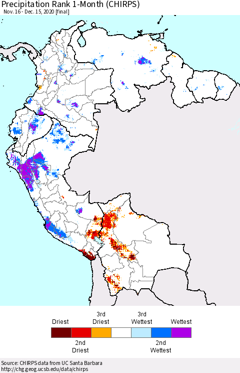 Northern South America Precipitation Rank 1-Month (CHIRPS) Thematic Map For 11/16/2020 - 12/15/2020