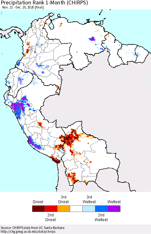 Northern South America Precipitation Rank since 1981, 1-Month (CHIRPS) Thematic Map For 11/21/2020 - 12/20/2020