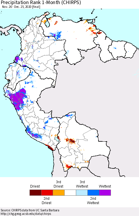 Northern South America Precipitation Rank 1-Month (CHIRPS) Thematic Map For 11/26/2020 - 12/25/2020