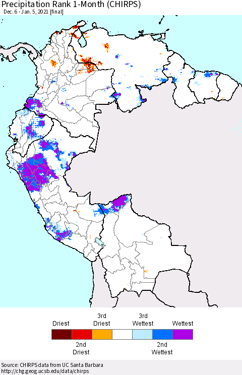 Northern South America Precipitation Rank 1-Month (CHIRPS) Thematic Map For 12/6/2020 - 1/5/2021