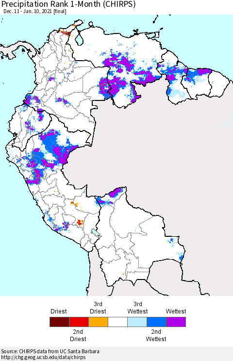 Northern South America Precipitation Rank 1-Month (CHIRPS) Thematic Map For 12/11/2020 - 1/10/2021