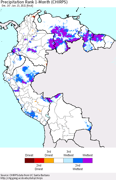 Northern South America Precipitation Rank 1-Month (CHIRPS) Thematic Map For 12/16/2020 - 1/15/2021
