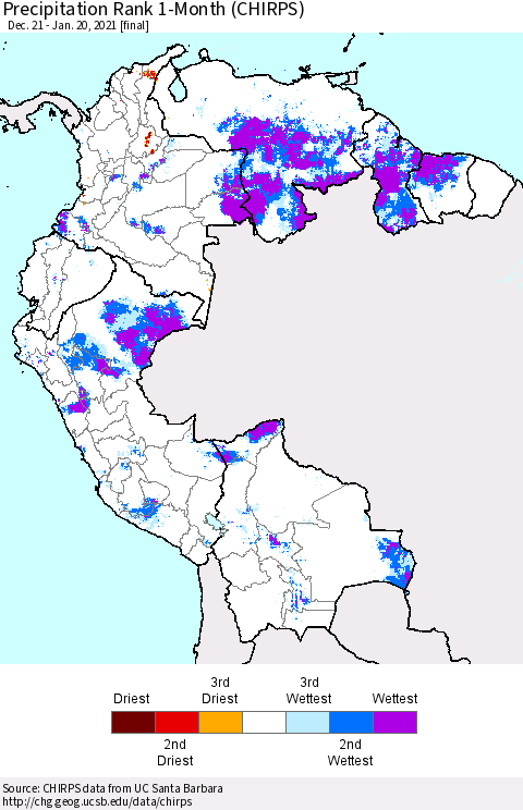 Northern South America Precipitation Rank 1-Month (CHIRPS) Thematic Map For 12/21/2020 - 1/20/2021