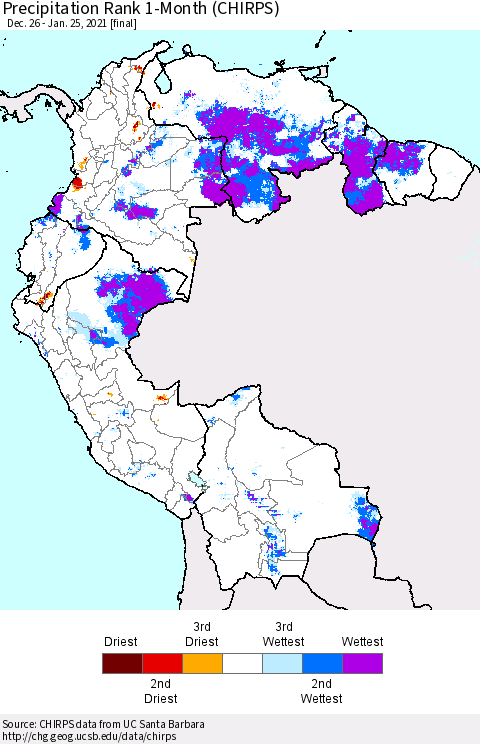 Northern South America Precipitation Rank 1-Month (CHIRPS) Thematic Map For 12/26/2020 - 1/25/2021